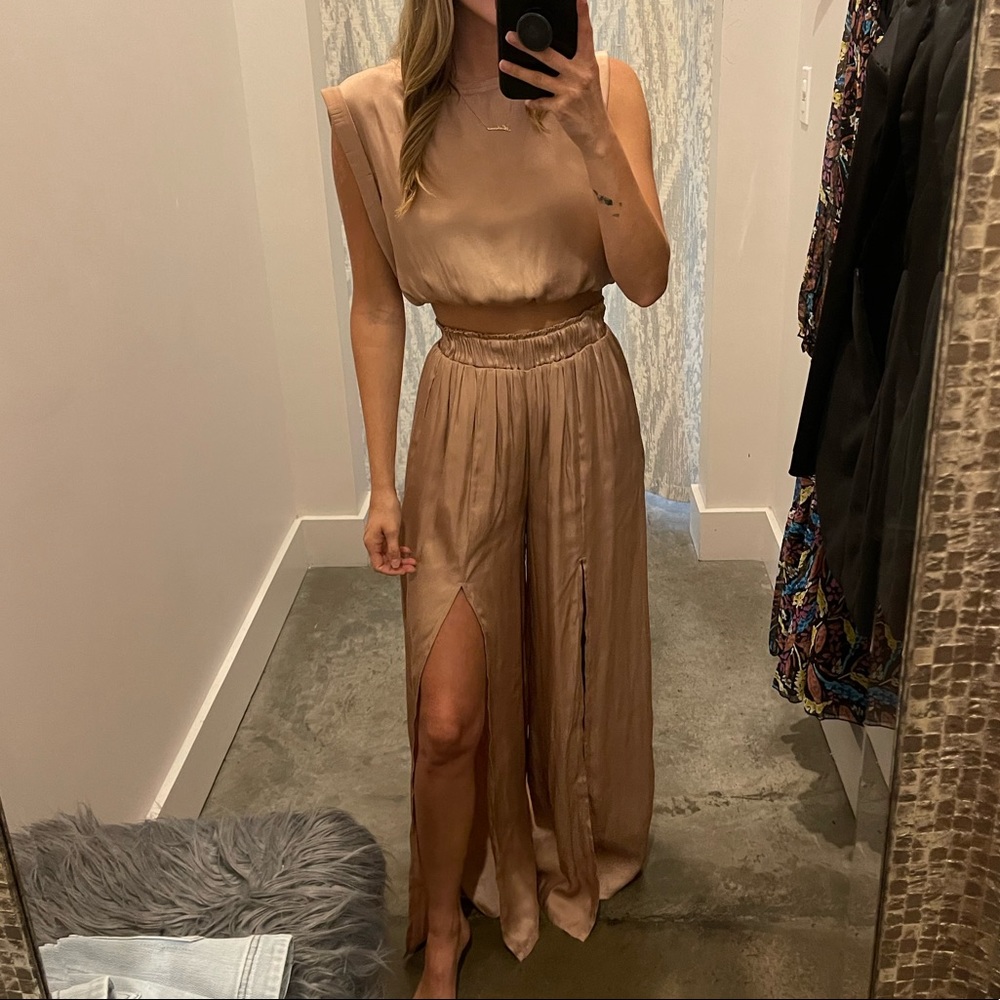 “By Together” silk matching crop top and pants set— Blush.